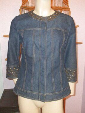 Lafayette 148 Denim Jean Jacket Blazer Size 4 Studs & Grommets Alt Cyber Grunge
